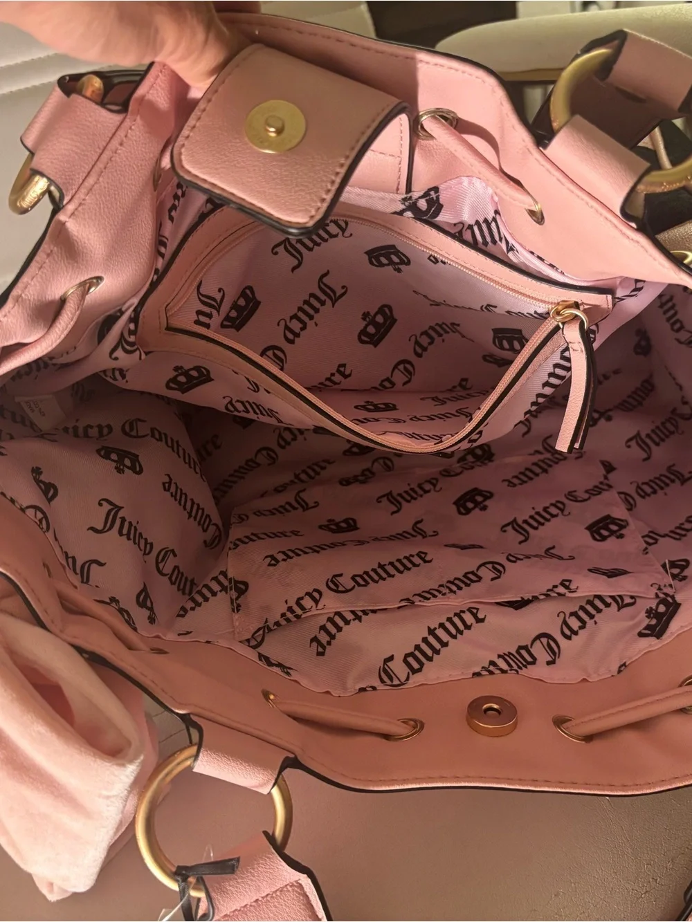 NWT Juicy Couture Pink and Black Terry Tote Crest Embroidery bag charm bag tag